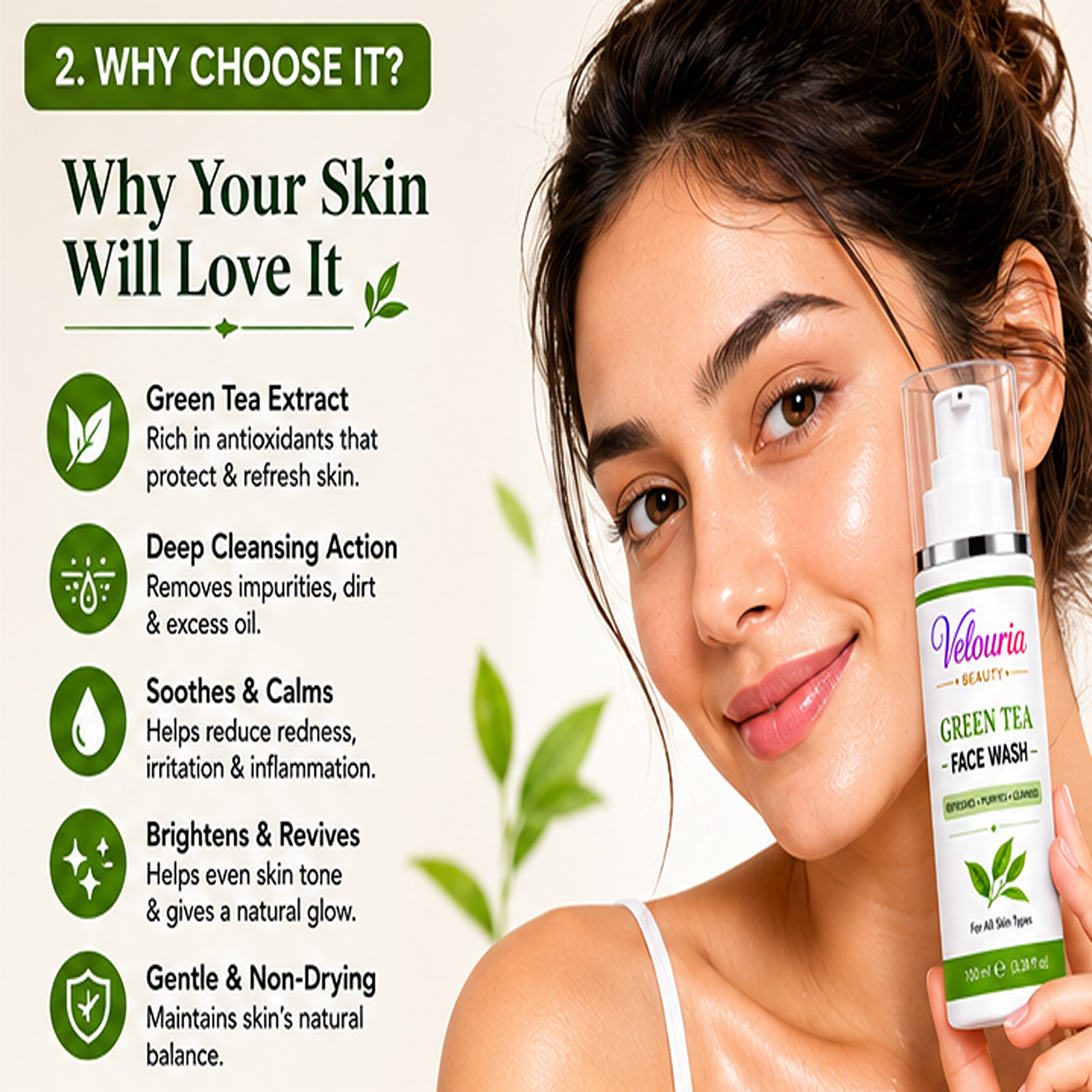 Velouria Beauty Face Wash for Glowing & Fresh Skin | Deep Cleansing Daily Face Cleanser for Men & Women | Brightens, Cleanses & Refreshes | For All Skin Types | 100 ml (Green Tea Facewash 100ml)