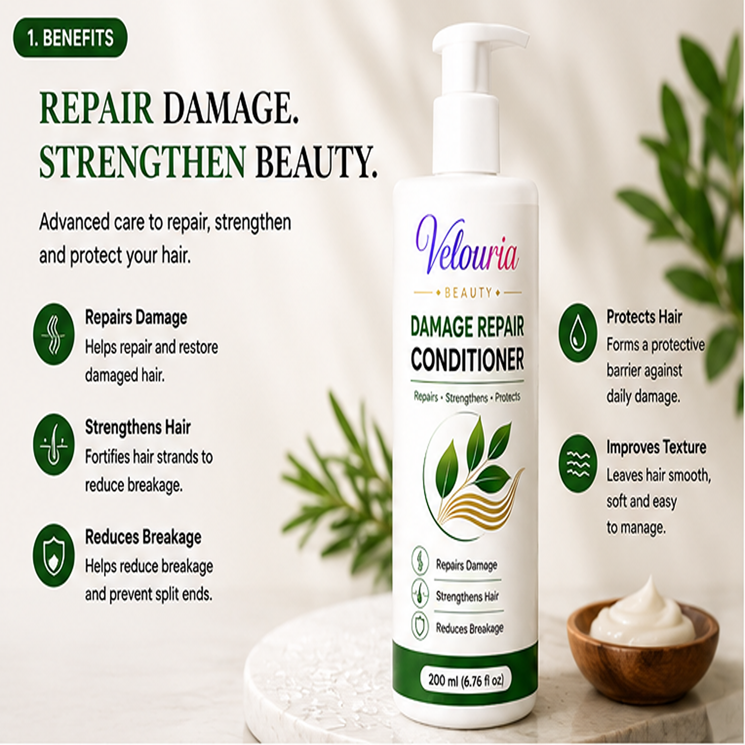 Velouria Beauty Conditioner for Dry & Damaged Hair | Repairs Damage, Strengthens Hair & Reduces Breakage | Smooth & Nourishing Hair Conditioner for Men & Women | 200 ml (Damage Repair Conditioner)