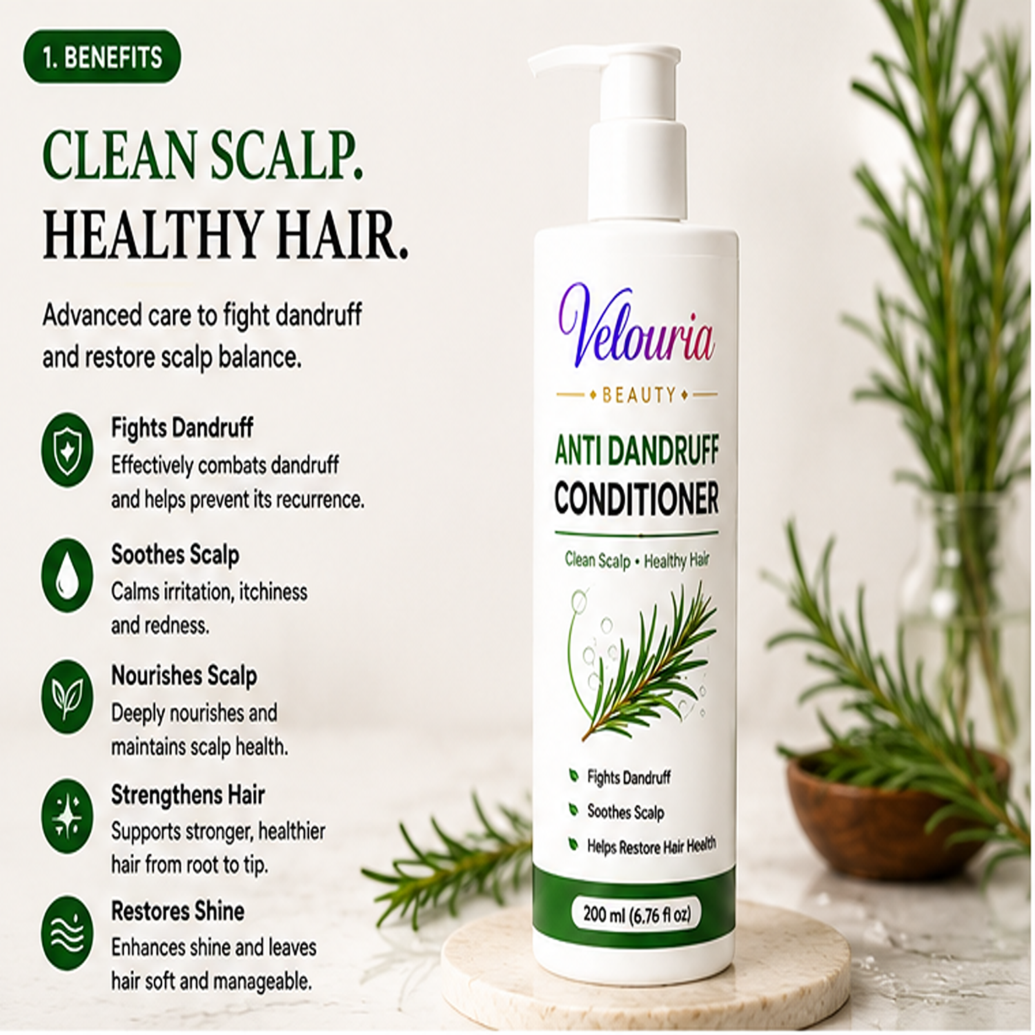 Velouria Beauty Conditioner for Dry & Damaged Hair | Repairs Damage, Strengthens Hair & Reduces Breakage | Smooth & Nourishing Hair Conditioner for Men & Women | 200 ml (Anti Dandruff Conditioner)