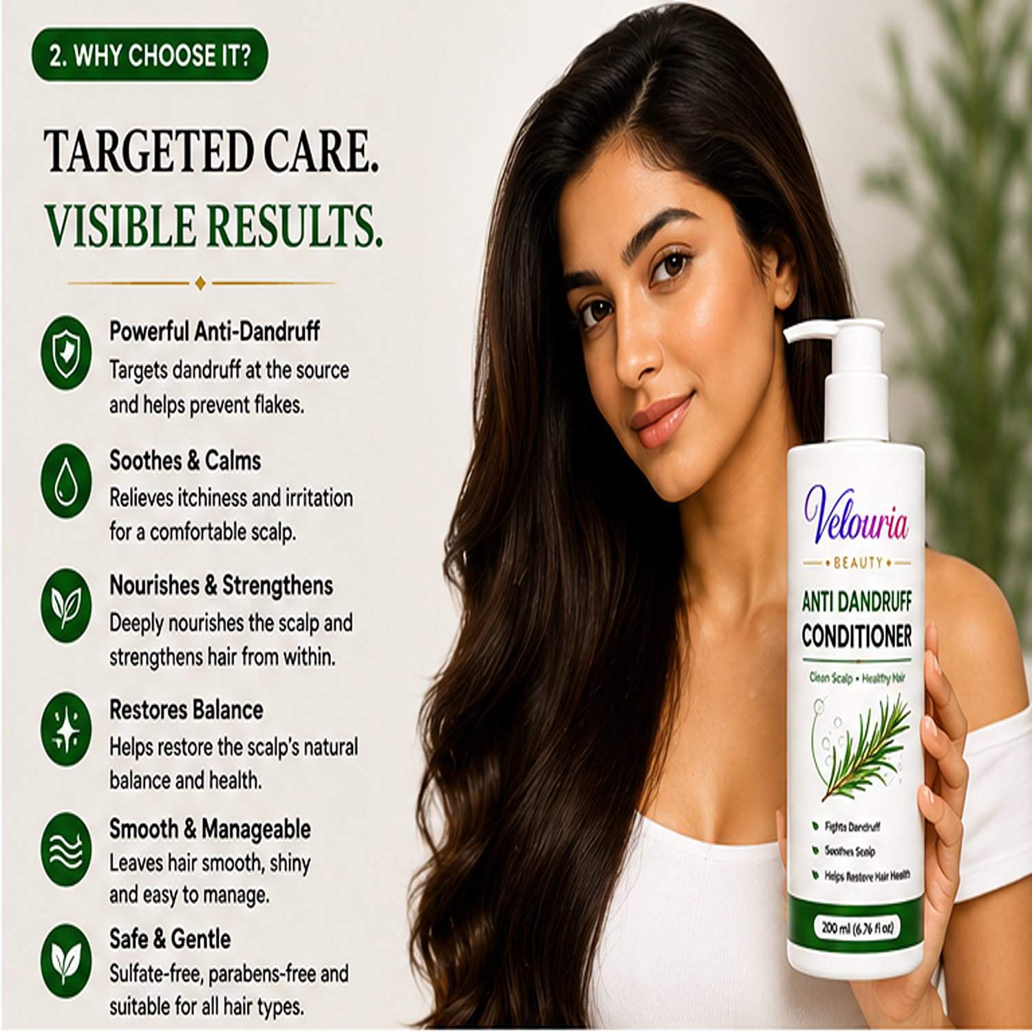 Velouria Beauty Conditioner for Dry & Damaged Hair | Repairs Damage, Strengthens Hair & Reduces Breakage | Smooth & Nourishing Hair Conditioner for Men & Women | 200 ml (Anti Dandruff Conditioner)