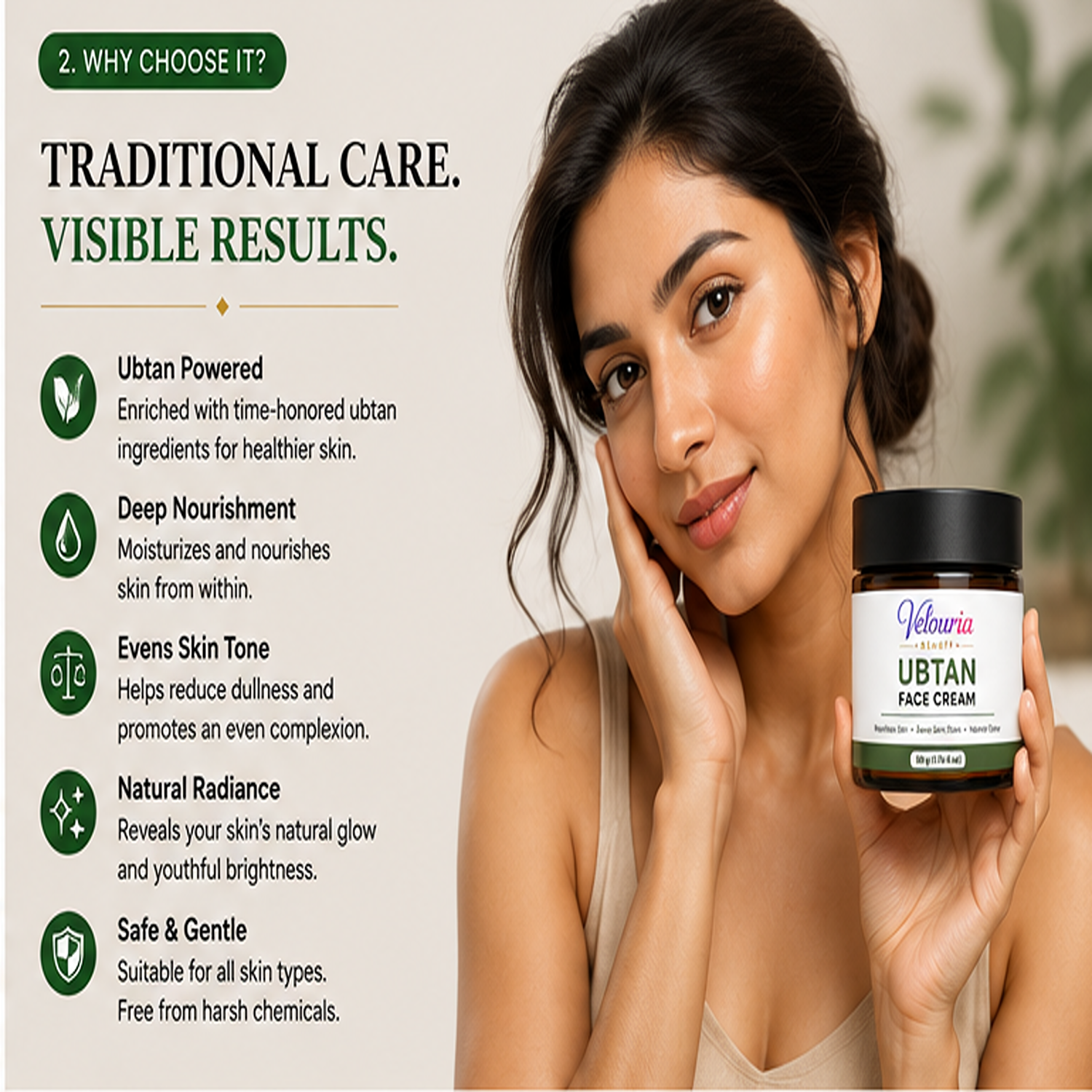 Velouria Beauty Face Cream for Glowing| Nourishes & Evens Skin Tone | Natural Glow Cream for Men & Women | Lightweight Daily Moisturizer | 50 g (Ubtan Face Cream)
