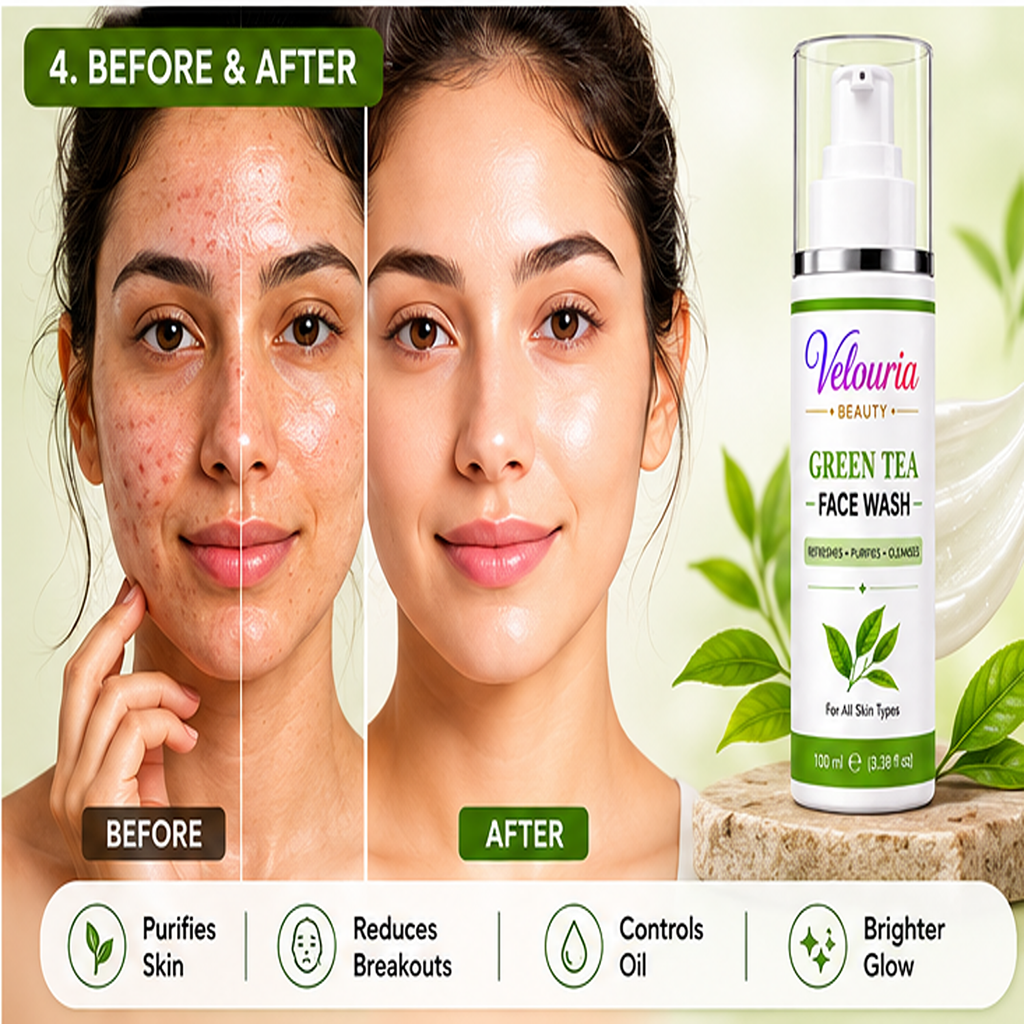 Velouria Beauty Face Wash for Glowing & Fresh Skin | Deep Cleansing Daily Face Cleanser for Men & Women | Brightens, Cleanses & Refreshes | For All Skin Types | 100 ml (Green Tea Facewash 100ml)