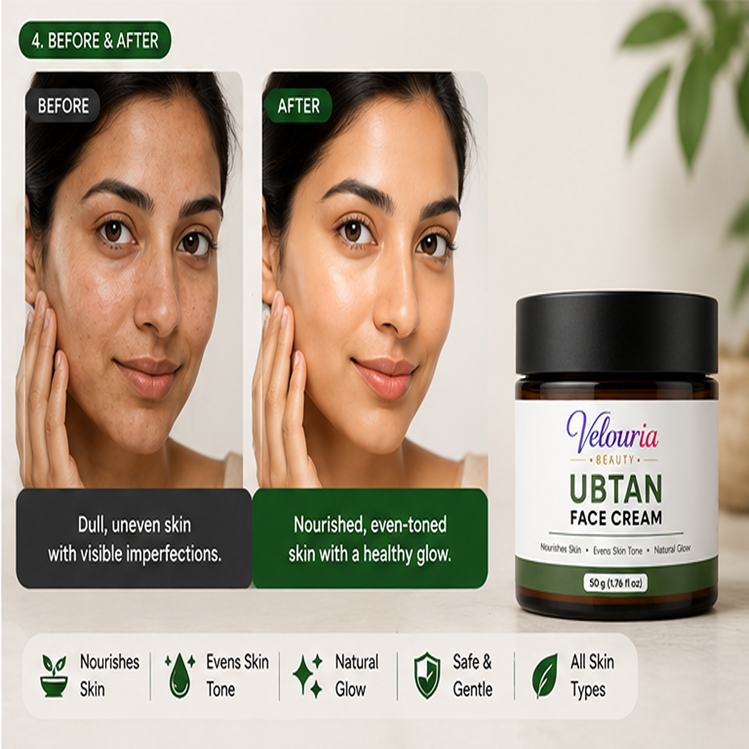 Velouria Beauty Face Cream for Glowing| Nourishes & Evens Skin Tone | Natural Glow Cream for Men & Women | Lightweight Daily Moisturizer | 50 g (Ubtan Face Cream)