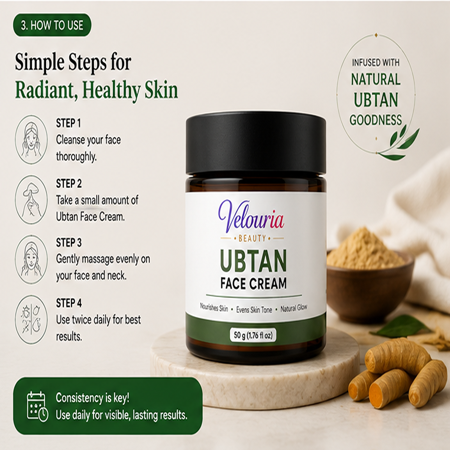 Velouria Beauty Face Cream for Glowing| Nourishes & Evens Skin Tone | Natural Glow Cream for Men & Women | Lightweight Daily Moisturizer | 50 g (Ubtan Face Cream)