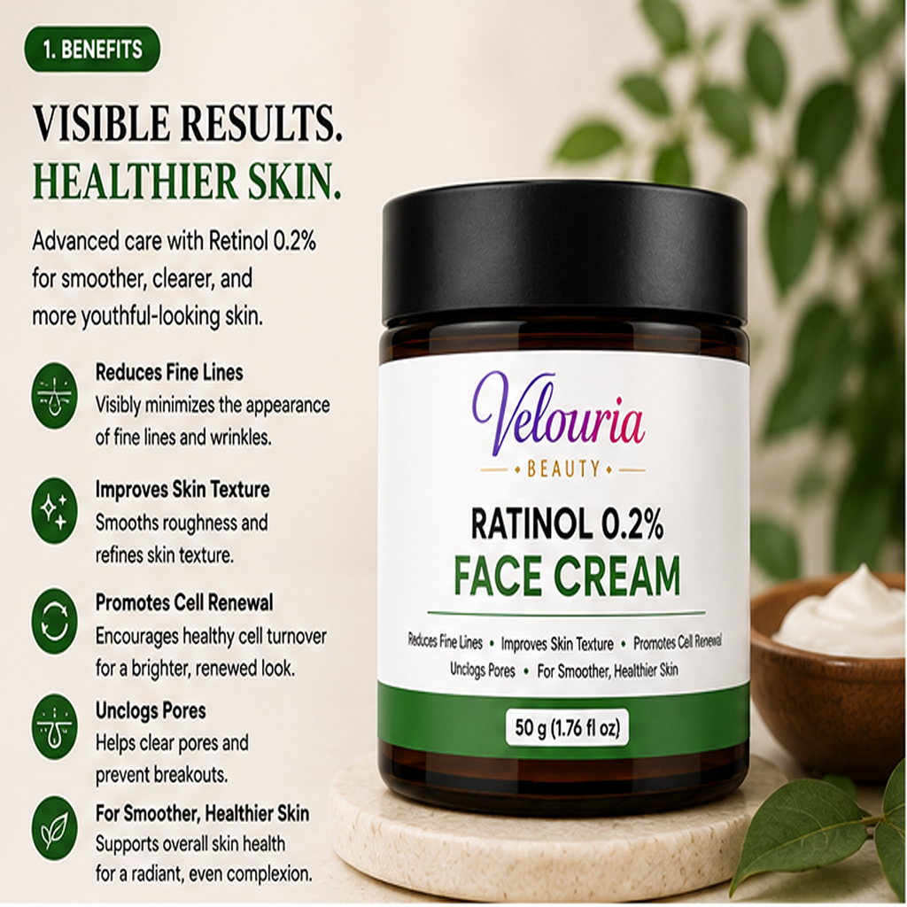 Velouria Beauty Face Cream for Glowing| Nourishes & Evens Skin Tone | Natural Glow Cream for Men & Women | Lightweight Daily Moisturizer | 50 g (Retinol 0.2% Face Cream)