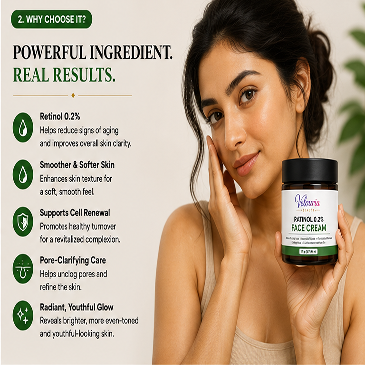 Velouria Beauty Face Cream for Glowing| Nourishes & Evens Skin Tone | Natural Glow Cream for Men & Women | Lightweight Daily Moisturizer | 50 g (Retinol 0.2% Face Cream)