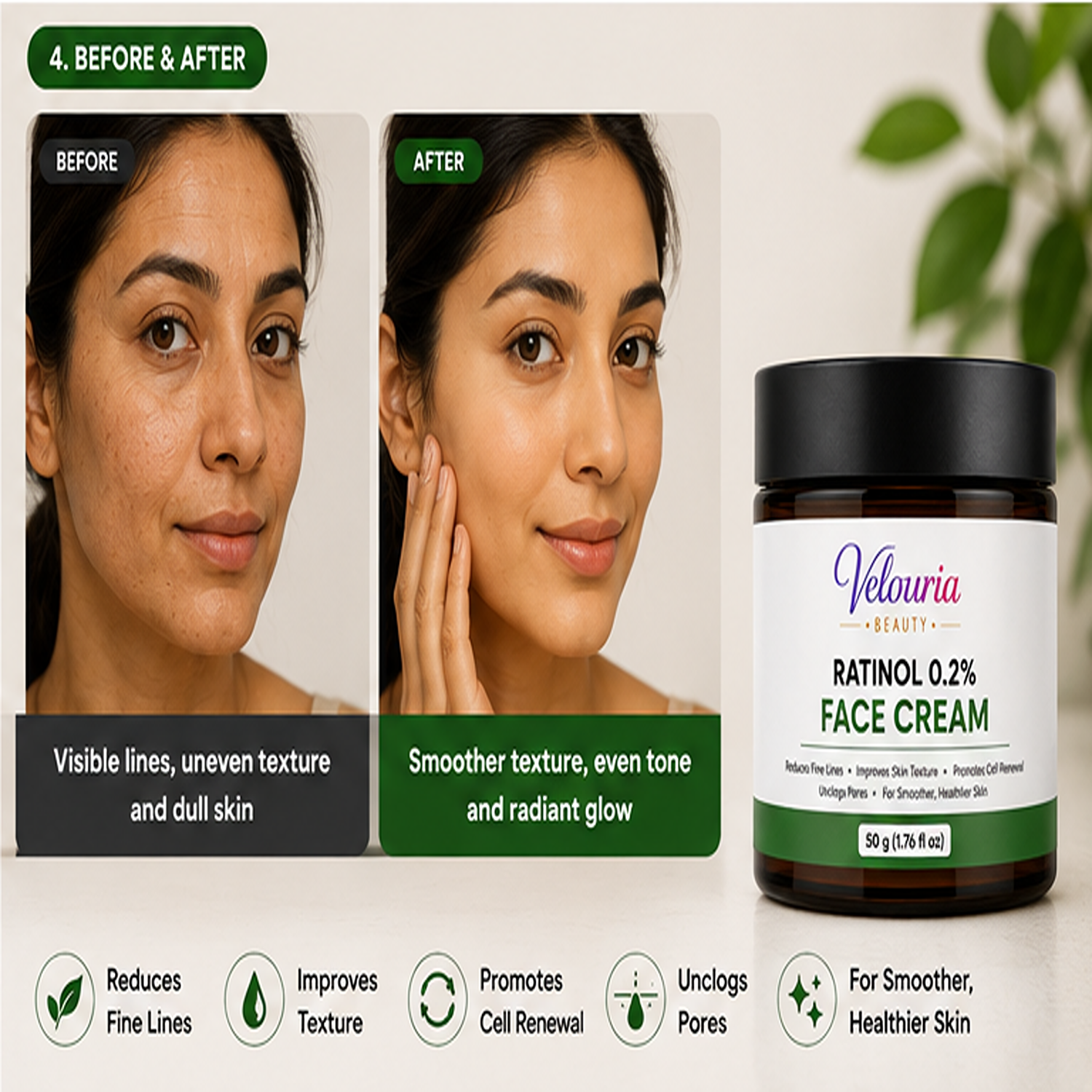 Velouria Beauty Face Cream for Glowing| Nourishes & Evens Skin Tone | Natural Glow Cream for Men & Women | Lightweight Daily Moisturizer | 50 g (Retinol 0.2% Face Cream)