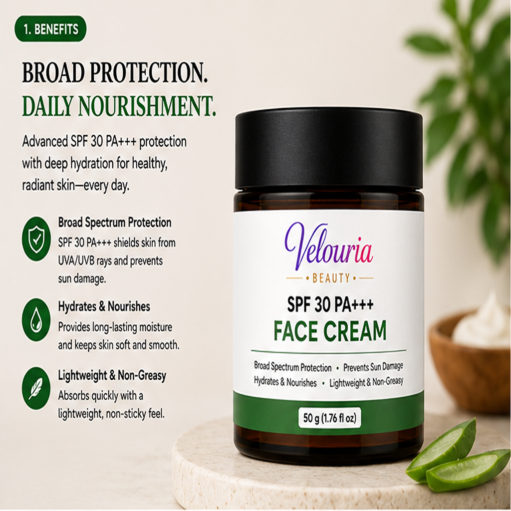 Velouria Beauty Face Cream for Glowing| Nourishes & Evens Skin Tone | Natural Glow Cream for Men & Women | Lightweight Daily Moisturizer | 50 g (SPF 30 PA+++ FAce Cream)