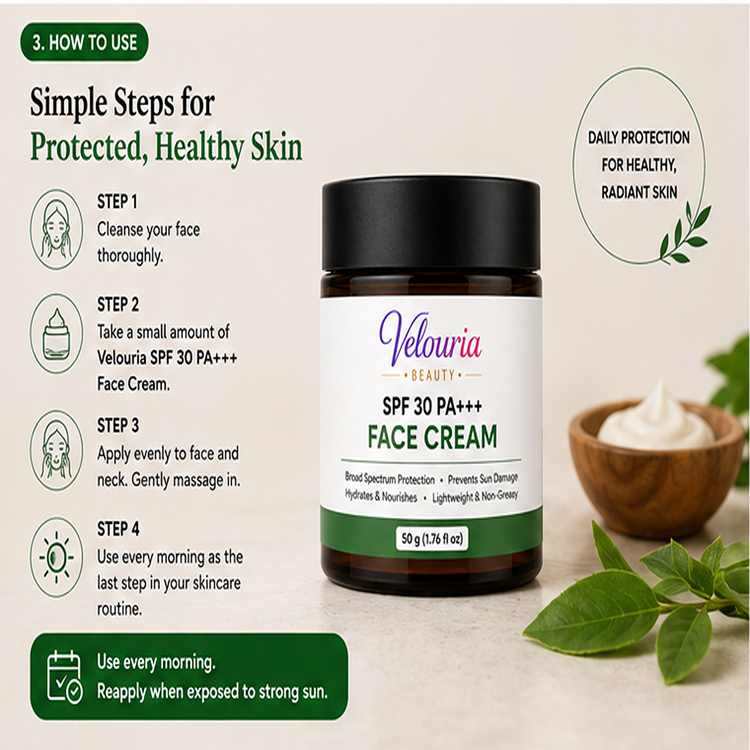 Velouria Beauty Face Cream for Glowing| Nourishes & Evens Skin Tone | Natural Glow Cream for Men & Women | Lightweight Daily Moisturizer | 50 g (SPF 30 PA+++ FAce Cream)