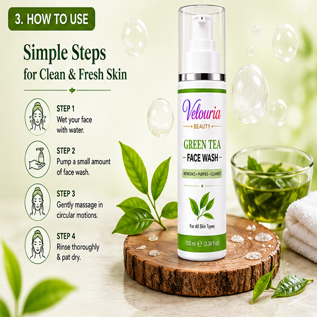 Velouria Beauty Face Wash for Glowing & Fresh Skin | Deep Cleansing Daily Face Cleanser for Men & Women | Brightens, Cleanses & Refreshes | For All Skin Types | 100 ml (Green Tea Facewash 100ml)