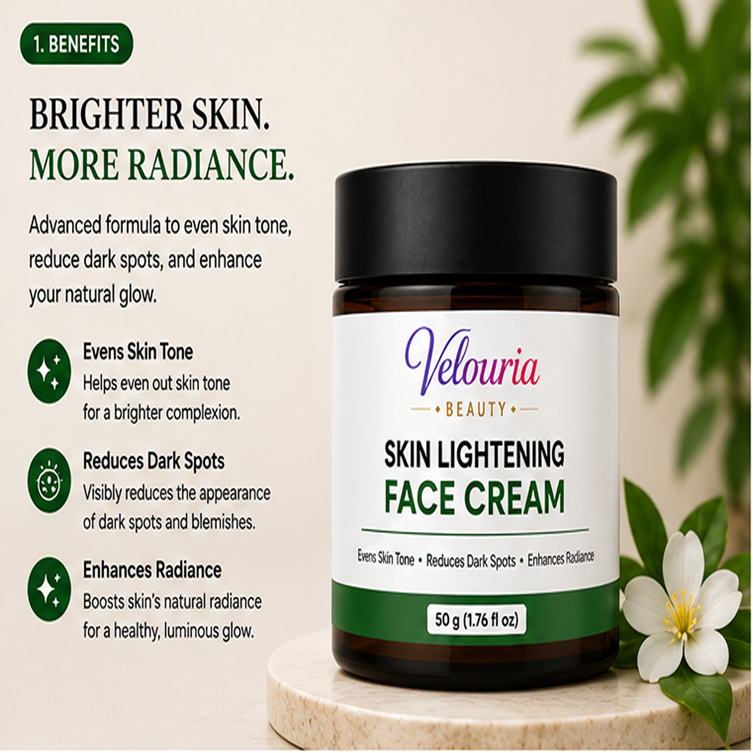 Velouria Beauty Face Cream for Glowing| Nourishes & Evens Skin Tone | Natural Glow Cream for Men & Women | Lightweight Daily Moisturizer | 50 g (Skin Lightening Face Cream)