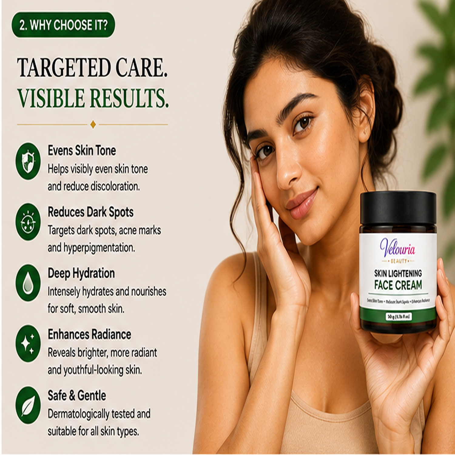 Velouria Beauty Face Cream for Glowing| Nourishes & Evens Skin Tone | Natural Glow Cream for Men & Women | Lightweight Daily Moisturizer | 50 g (Skin Lightening Face Cream)