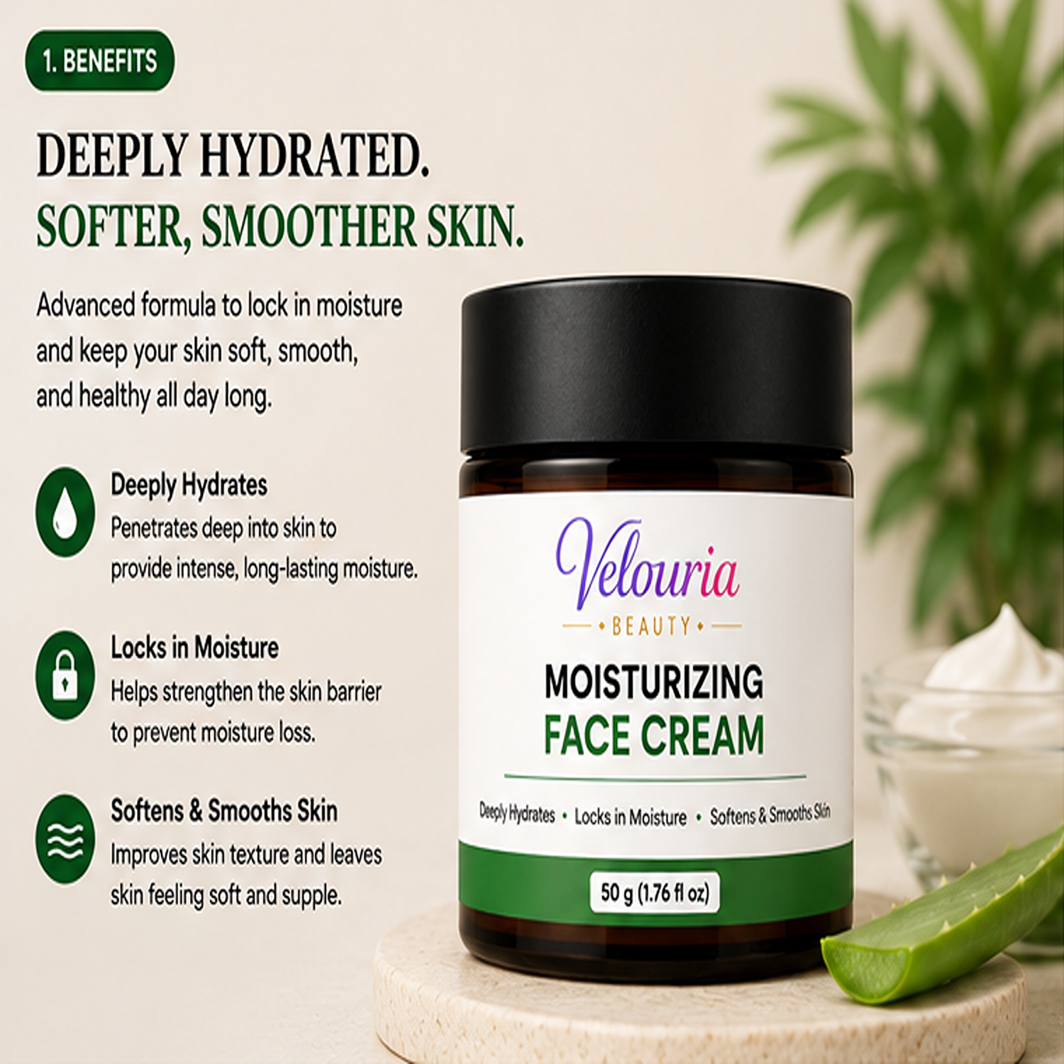 Velouria Beauty Face Cream for Glowing| Nourishes & Evens Skin Tone | Natural Glow Cream for Men & Women | Lightweight Daily Moisturizer | 50 g (Moisturising Face Cream)