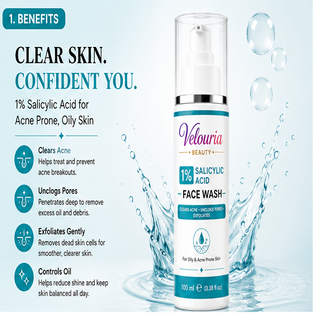 Velouria Beauty Face Wash for Glowing & Fresh Skin | Deep Cleansing Daily Face Cleanser for Men & Women | Brightens, Cleanses & Refreshes | For All Skin Types | 100 ml (1% Salicylic Acid Facewash 100ml)