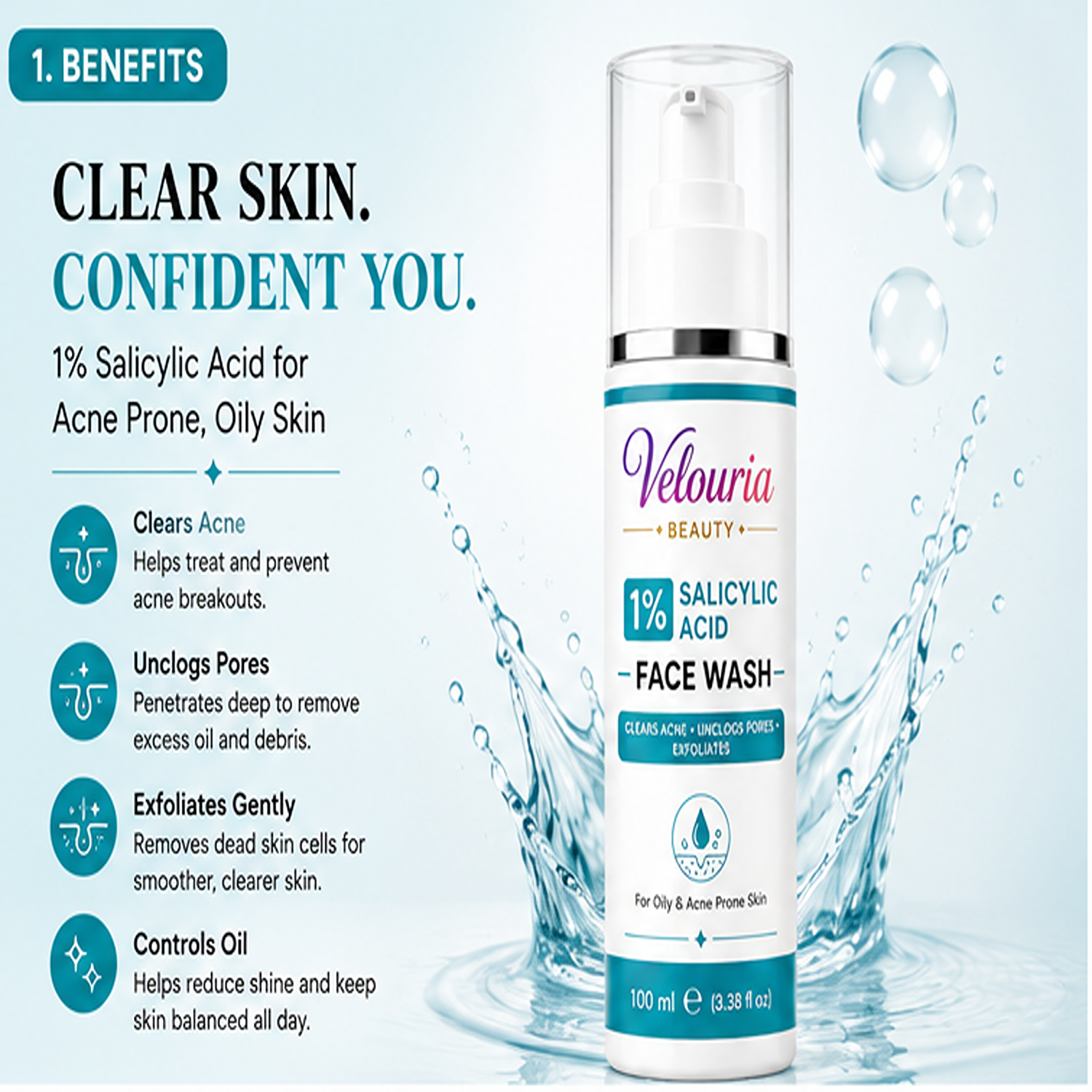 Velouria Beauty Face Wash for Glowing & Fresh Skin | Deep Cleansing Daily Face Cleanser for Men & Women | Brightens, Cleanses & Refreshes | For All Skin Types | 100 ml (1% Salicylic Acid Facewash 100ml)