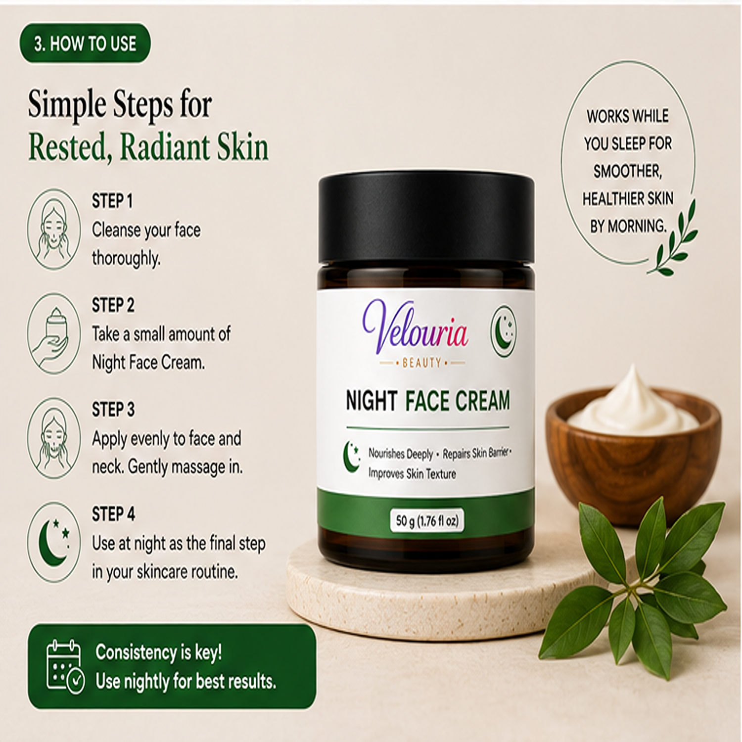 Velouria Beauty Face Cream for Glowing| Nourishes & Evens Skin Tone | Natural Glow Cream for Men & Women | Lightweight Daily Moisturizer | 50 g (Night Face Cream)