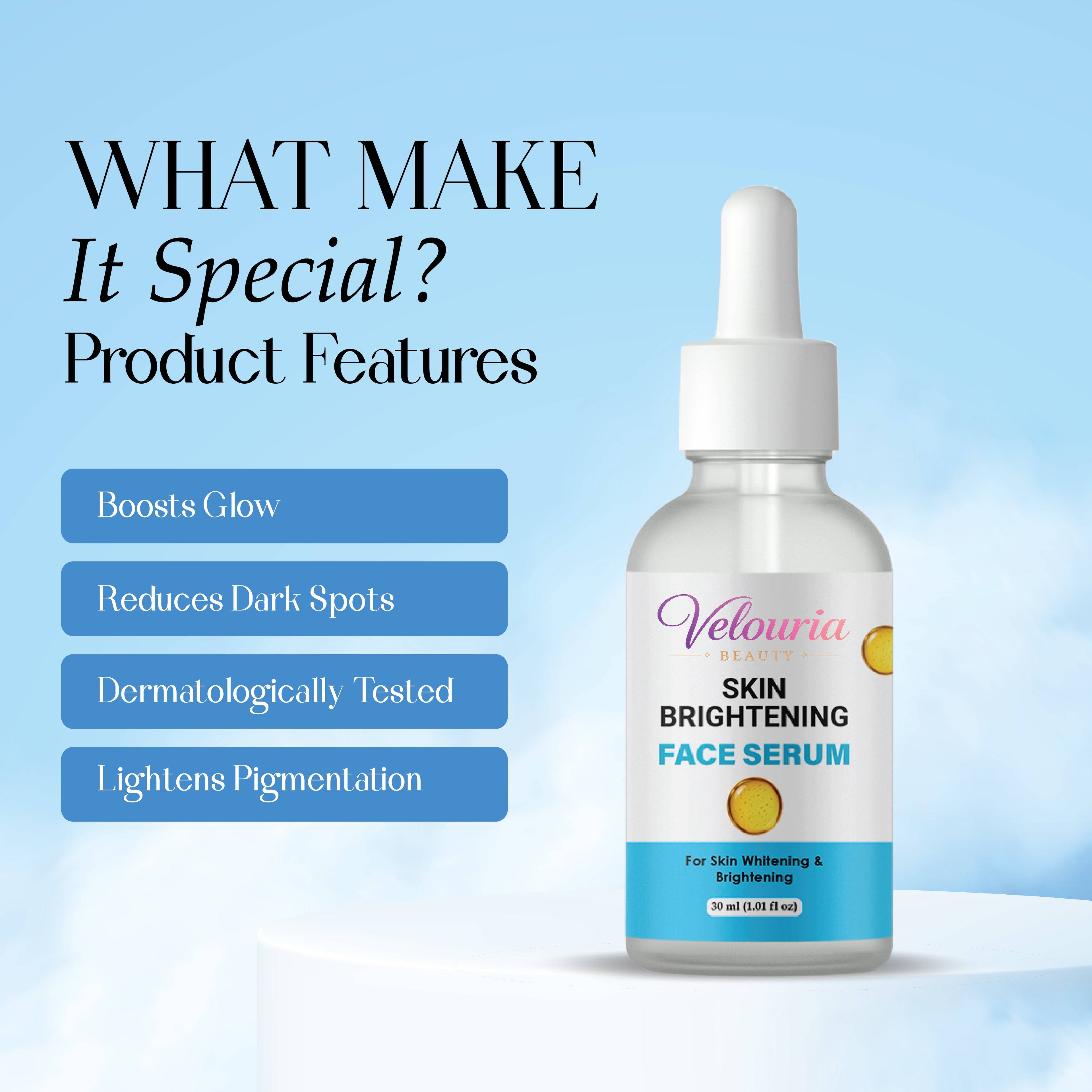 Velouria Beauty Skin Brightening Face Serum for Dark Spots and Uneven Skin Tone, 30 ml